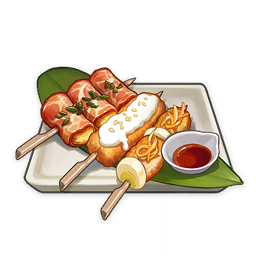 artist_request bacon bowl commentary egg_(food) english_commentary food food_focus genshin_impact ketchup leaf lowres meat no_humans official_art plate skewer still_life third-party_source transparent_background