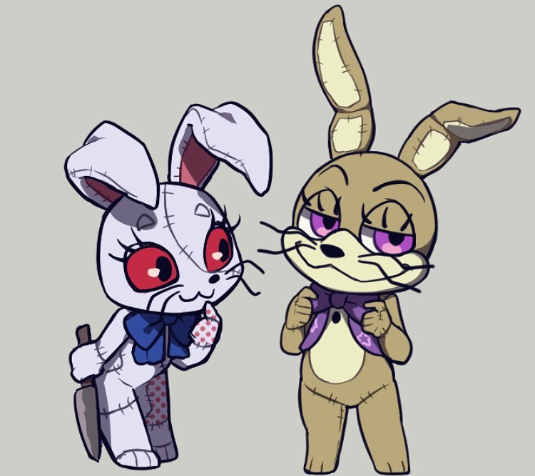 anthro bow_tie chibi clothing costume duo female five_nights_at_freddy's fursuit glitchtrap knife lagomorph leporid looking_at_viewer male male/female mammal purple_eyes rabbit red_sclera scottgames simple_background unknown_artist vanny_(fnaf) video_games white_body
