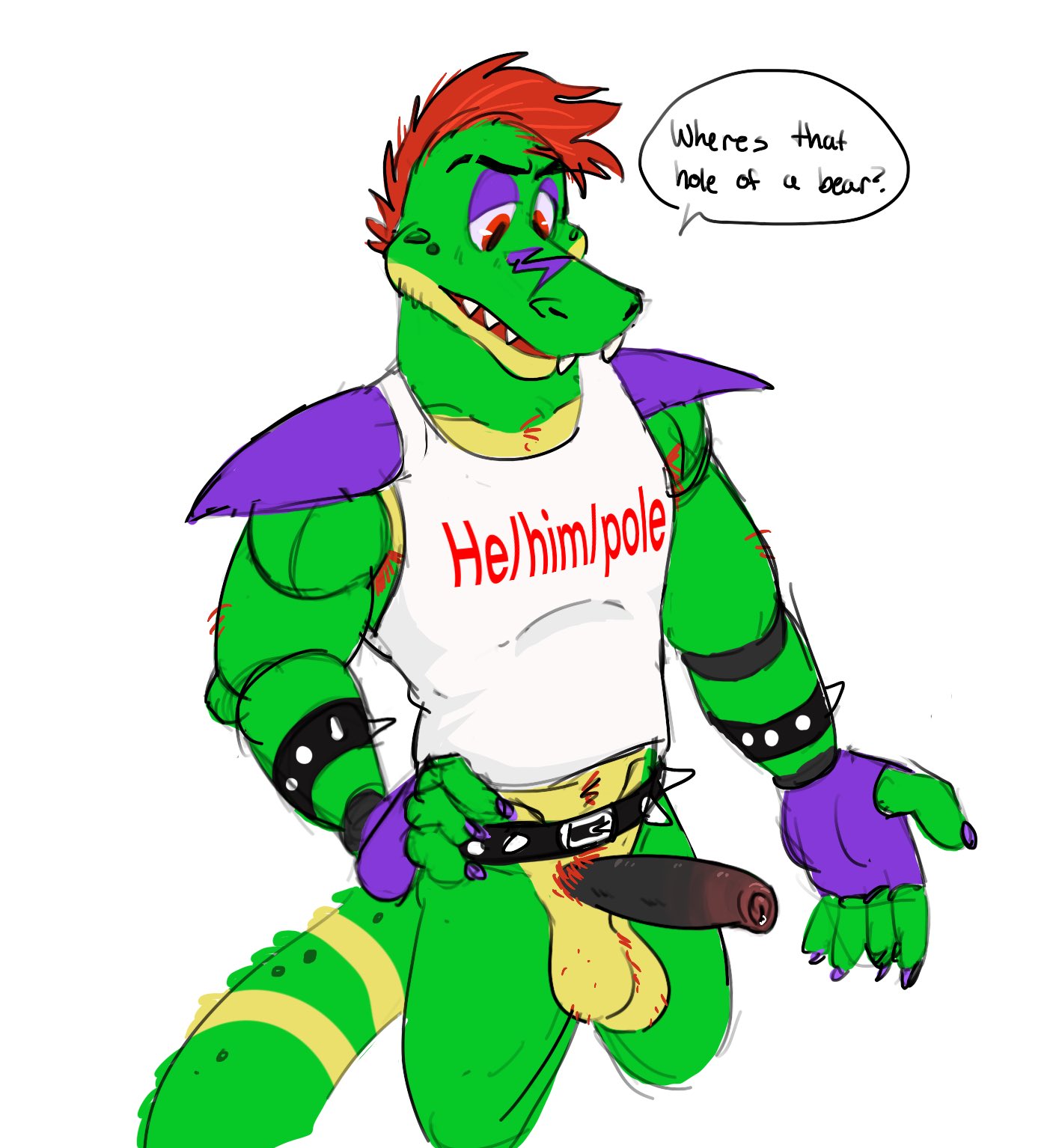 2022 ? alligator alligatorid angry angry_eyes animatronic anthro armpit_hair balls barazoku belt biceps bodily_fluids body_hair bottomless bottomless_anthro bottomless_male bracelet chest_hair claws clothed clothing colored_nails crocodilian cum cum_on_penis dialogue english_text erection fangs five_nights_at_freddy's five_nights_at_freddy's:_security_breach foreskin genital_fluids genitals gloves green_body green_nose green_skin green_tail hair hairy_balls half-closed_eyes hand_on_hip handwear hi_res humanoid_genitalia humanoid_penis jewelry long_tail looking_down machine male mohawk montgomery_gator_(fnaf) multicolored_body multicolored_skin multicolored_tail muscular nails narrowed_eyes open_mouth overbite pecs penis precum presenting presenting_balls presenting_penis pubes purple_claws purple_nails question red_eyes red_hair reptile robot rockstar scales scalie scottgames sharp_claws sharp_nails sharp_teeth shirt short_hair shoulder_guards simple_background skoogers solo speech_bubble spiked_belt spiked_bracelet spikes standing tank_top teeth text thick_tail thick_thighs topwear triceps video_games white_background yellow_body yellow_skin yellow_tail