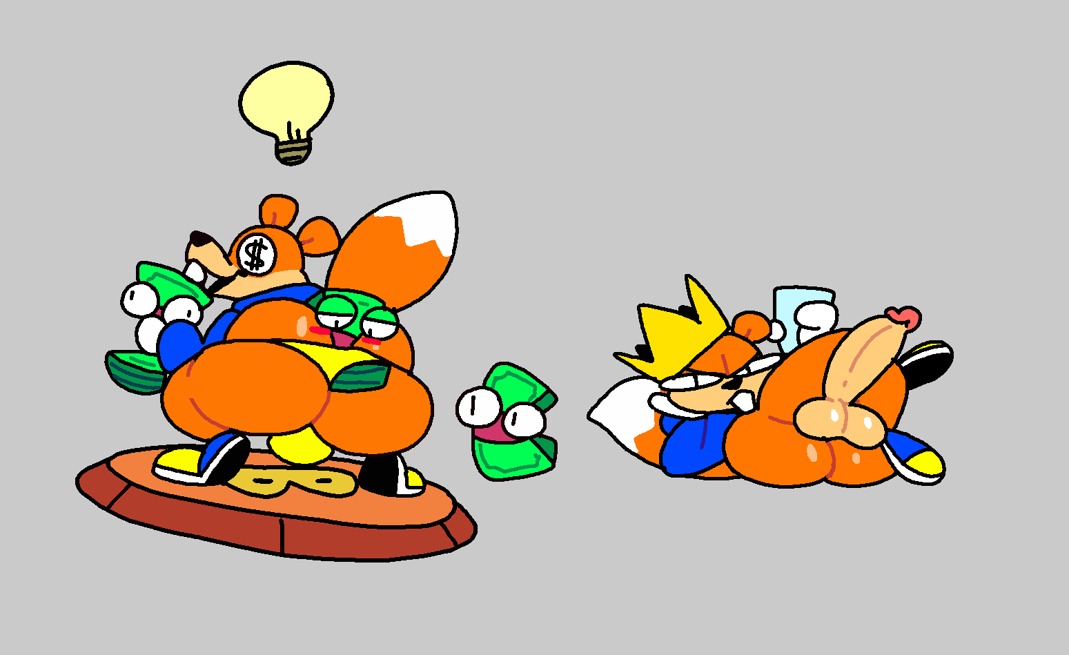 anthro balls big_butt butt conker conker's_bad_fur_day crown genitals grey_background group idea_bulb looking_at_viewer male mammal money penis rareware rodent sciurid short_stack simple_background string_panties superiorfox twerking video_games