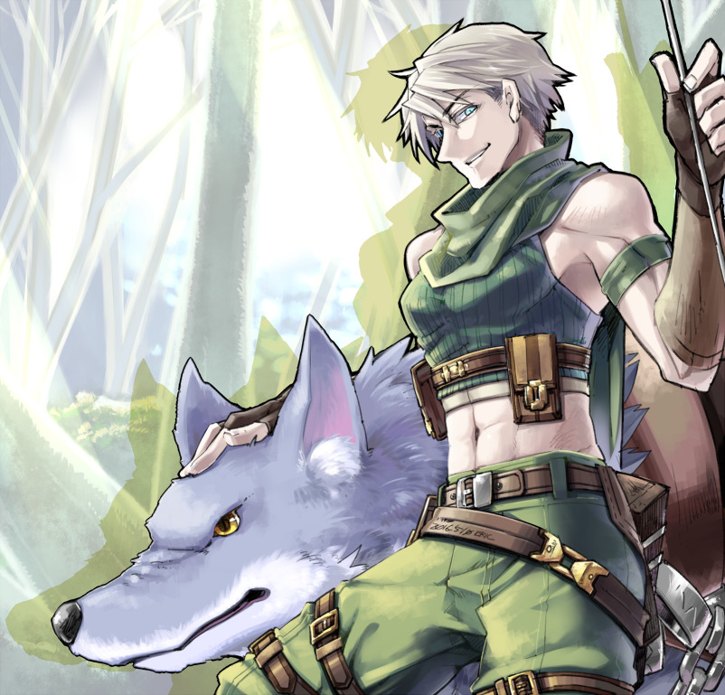 1boy animal_ears arrow_(projectile) bangs belt blue_eyes brown_belt brown_gloves commentary_request crop_top dated eriku_(aoi_tori) feet_out_of_frame fingerless_gloves forest gloves green_pants green_scarf green_shirt hair_between_eyes holding holding_arrow looking_at_viewer male_focus midriff nature navel open_mouth outline pants pouch ragnarok_online ranger_(ragnarok_online) scarf shirt short_hair sleeveless sleeveless_shirt smile solo toned toned_male tree white_hair wolf wolf_ears