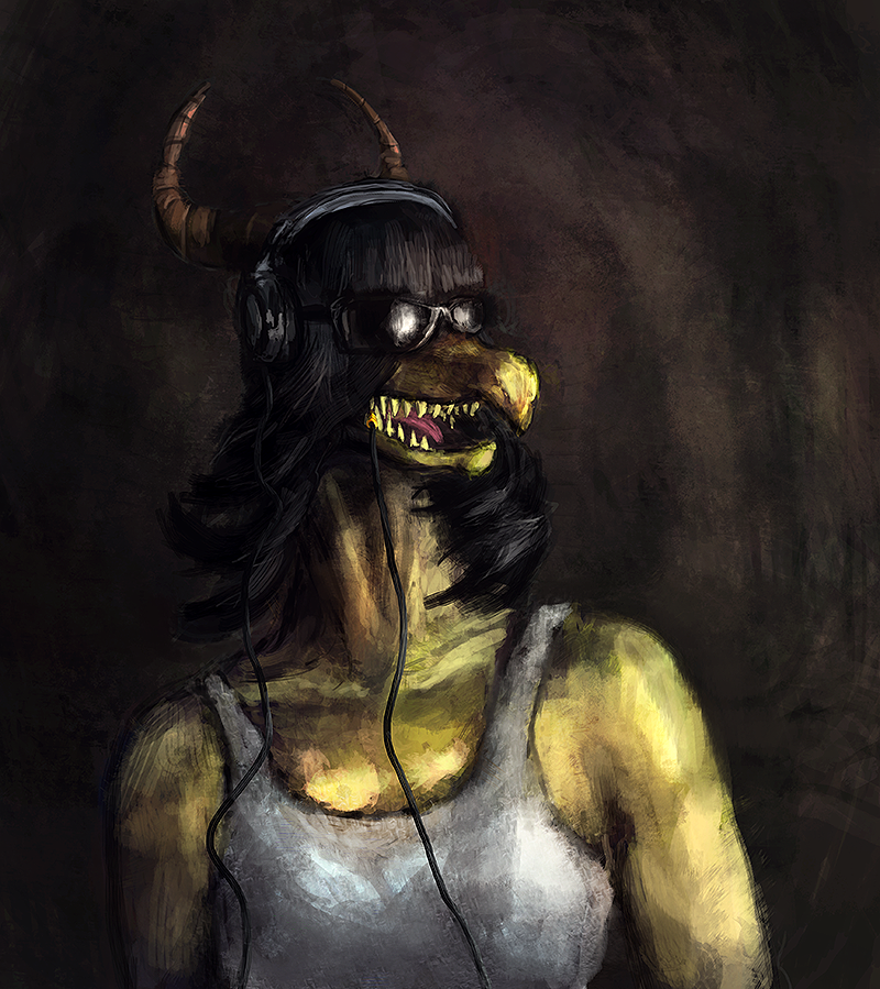 2013 anthro bittertooth black_hair clothed clothing dragon eyewear female hair headphones horn portrait scales shirt simple_background smile solo sunglasses tank_top topwear wire yellow_body yellow_scales yellow_teeth