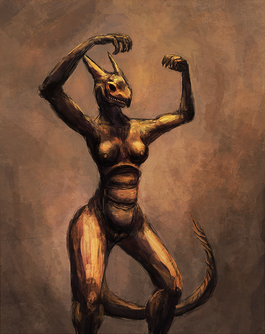 2013 5_fingers anthro bittertooth breasts dragon empty_eyes female fingers horn long_tail monster nipples nude scales simple_background solo standing yellow_body yellow_scales