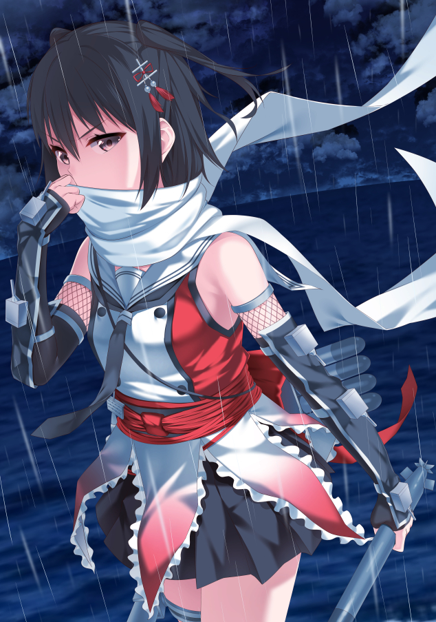 1girl adjusting_scarf bangs bare_shoulders black_gloves black_hair black_necktie black_skirt breasts brown_eyes buttons cloud cloudy_sky commentary cowboy_shot double-breasted dress elbow_gloves fingerless_gloves fishnets floating_scarf gloves hair_ornament hand_on_own_face holding holding_torpedo kantai_collection looking_at_viewer necktie night night_sky ocean on_water outdoors pleated_skirt rain red_dress sailor_collar scarf scarf_over_mouth sendai_(kancolle) sendai_kai_ni_(kancolle) short_hair skirt sky sleeveless small_breasts solo storm torpedo torpedo_launcher torpedo_tubes two_side_up v-shaped_eyebrows white_dress white_sailor_collar white_scarf wind yasuto_(eria151)