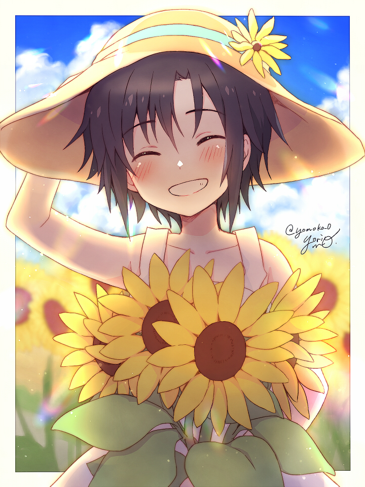 1girl :d adjusting_clothes adjusting_headwear artist_name bangs bare_shoulders black_hair blue_ribbon blue_sky blush brown_headwear closed_eyes cloud collarbone commentary dress facing_viewer field flower flower_field grin hand_on_headwear hat hat_flower hat_ribbon head_tilt holding holding_flower idolmaster kikuchi_makoto outside_border ribbon short_hair sky sleeveless sleeveless_dress smile solo straw_hat sun_hat sundress sunflower twitter_username white_dress yellow_flower yoriyomo