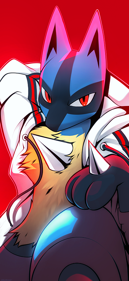 2022 ambiguous_gender angiewolf anthro bent_leg clothed clothing fur hoodie looking_at_viewer lucario nintendo open_clothing open_hoodie open_topwear pok&eacute;mon pok&eacute;mon_(species) red_background simple_background solo spikes spikes_(anatomy) topwear tuft video_games