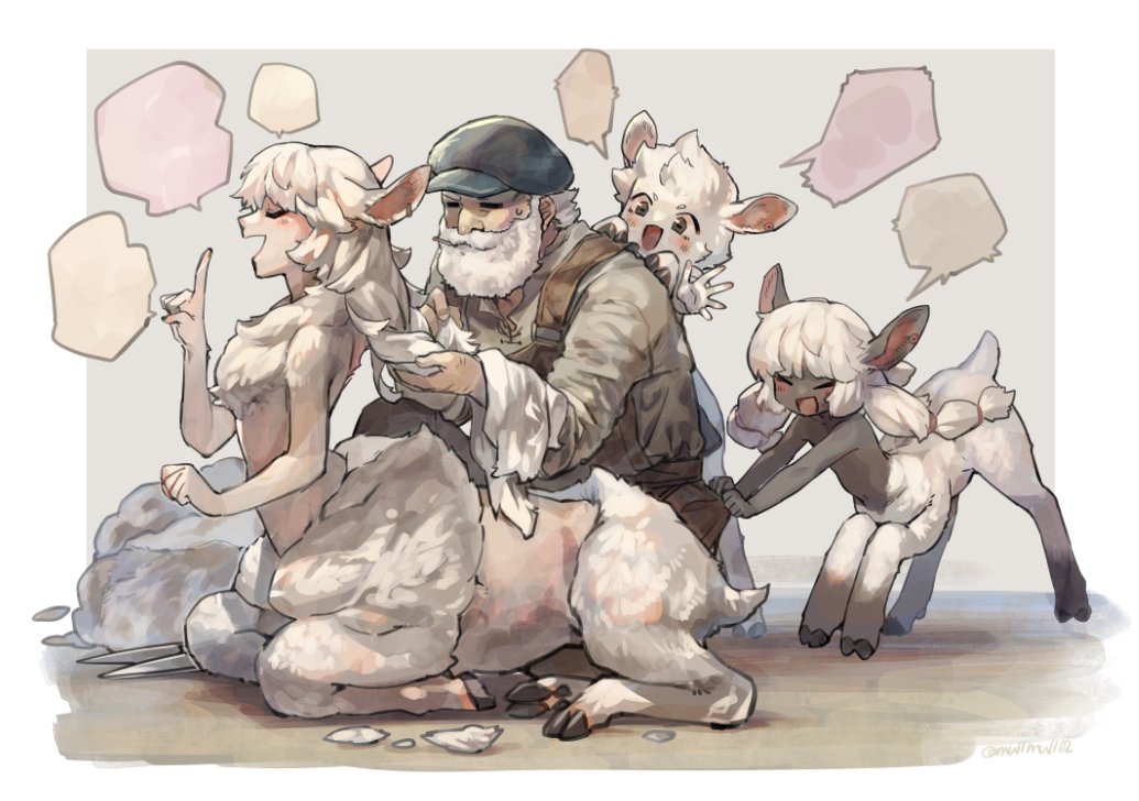 1boy 3girls animal_ears beard blank_speech_bubble braiding_hair facial_hair hairdressing hat hooves monster_girl mullmull02 multiple_girls old old_man original overalls shearing shears sheep_ears sheep_girl sheep_tail sitting smile speech_bubble sweatdrop tail taur wool