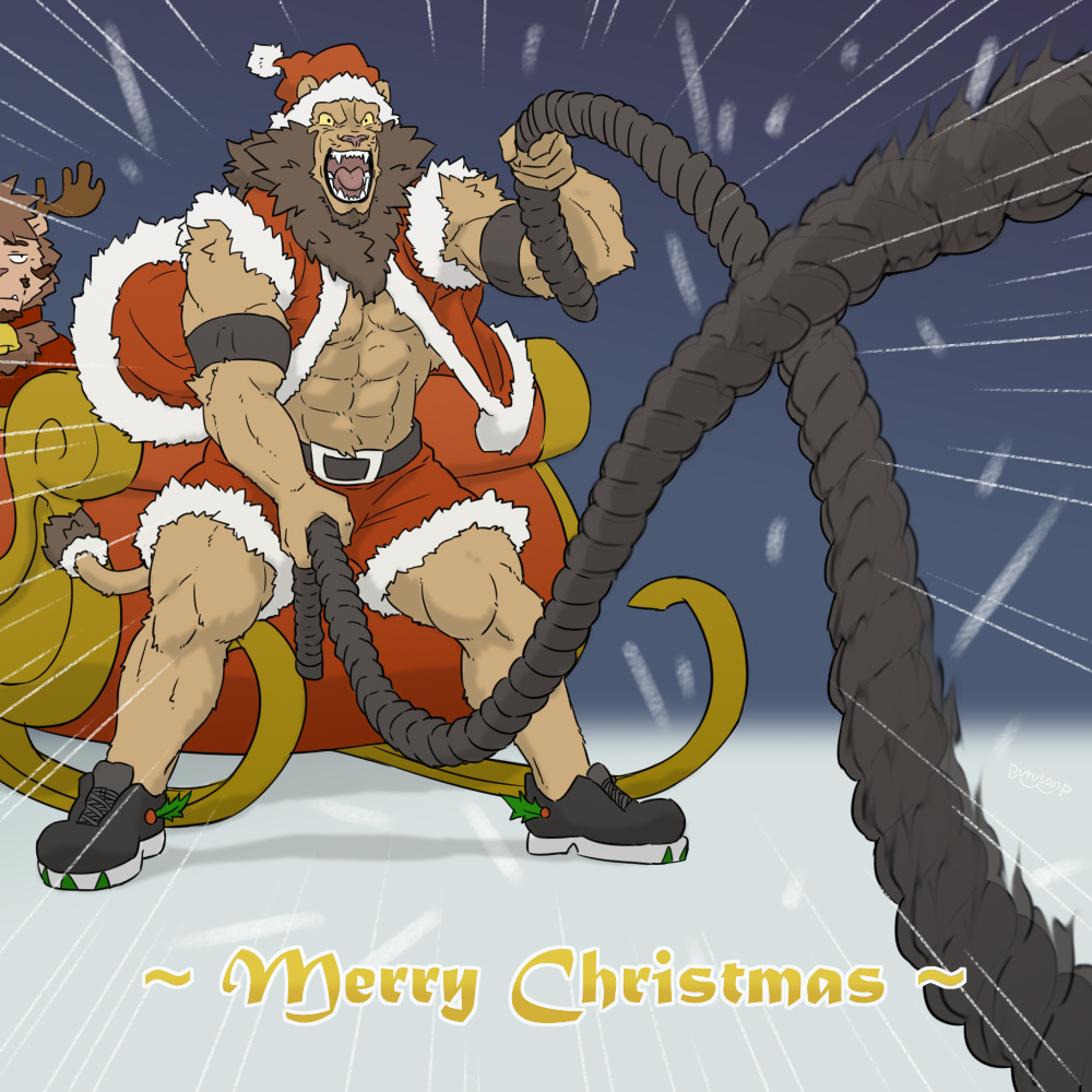 1:1 2021 abs anthro antlers armband barazoku beard bell belt biceps big_muscles bottomwear butusan_p capreoline cervid christmas christmas_clothing christmas_headwear clothed clothing collar duo emanata english_text exercise facial_hair felid footwear fur hat headgear headwear holidays horn huge_muscles lion male mammal mane mistletoe mr._amino muscular muscular_anthro muscular_male open_clothing open_mouth open_topwear outside pantherine pecs plant reindeer roaring rope santa_hat shoes shorts sleigh snow solo_focus standing teeth text tongue topwear tuft workout