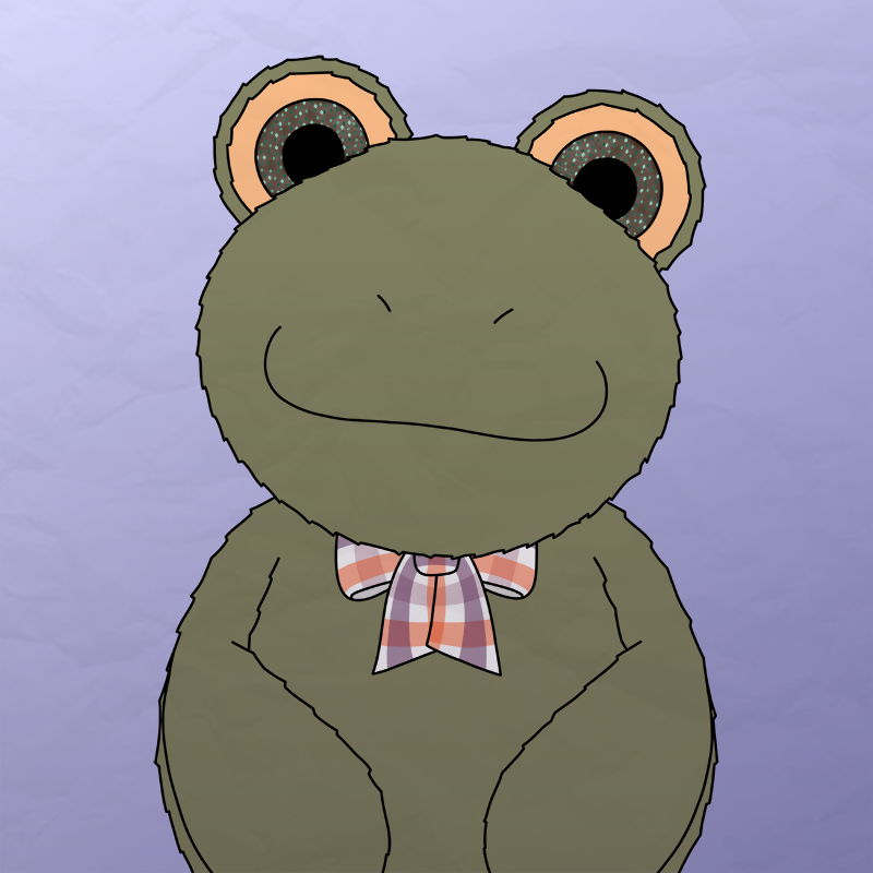 ambiguous_gender amphibian anonymouslizard big_eyes blue_background bow_tie fluffy frog green_body green_eyes plushie simple_background smile solo sparkly_eyes stitch_(sewing)