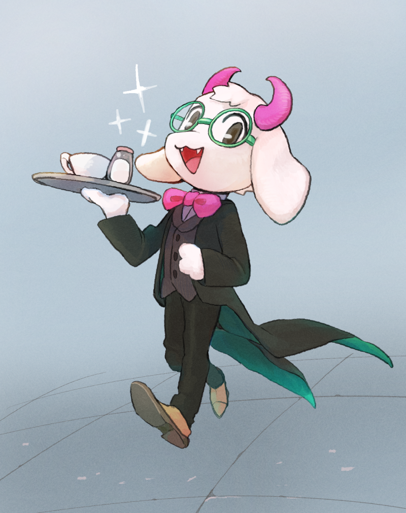 black_tie_(suit) bovid bow_tie caprine clothed clothing coffee_cup container cup cute_fangs deltarune eyewear fur glasses goat holding_tray horn male mammal mikeli_li ralsei serving_tray solo sparkles sugar suit tray undertale_(series) video_games white_body white_fur
