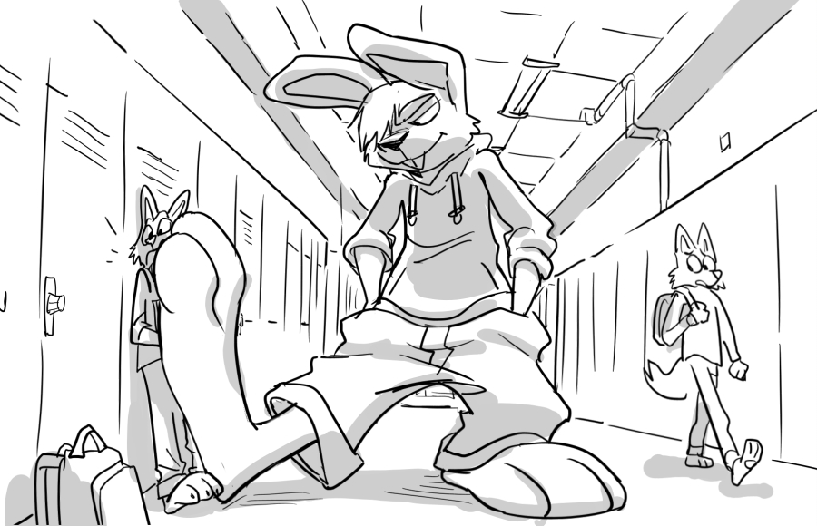 2019 3_toes anthro backpack big_feet buckteeth bullying canid canine clothed clothing feet foot_focus foot_on_chest foot_on_face group hand_in_pocket huge_feet inside lagomorph leporid locker looking_at_another macro male mammal micro_abuse monochrome paws pockets rabbit stepped_on teeth toes toony trio vexyvoo