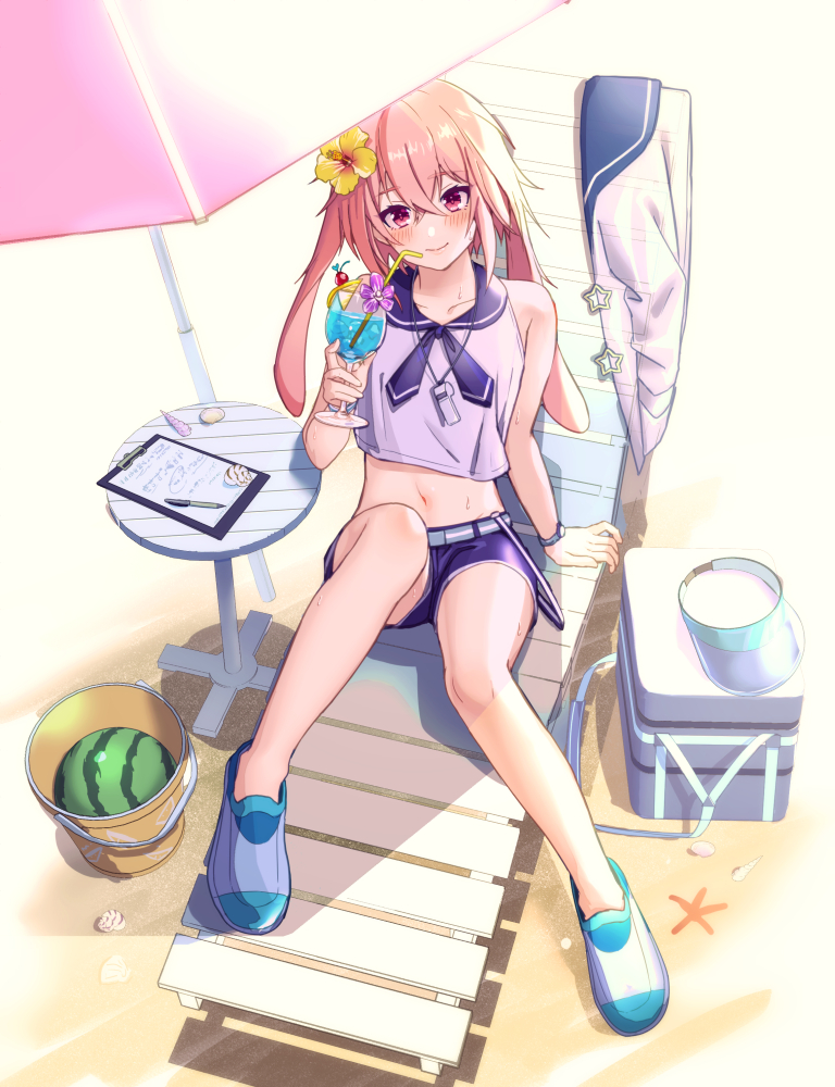 1boy animal_ears ansel_(arknights) ansel_(casual_vacation)_(arknights) arknights bangs beach_chair beach_umbrella blue_sailor_collar blue_shorts blush bucket clipboard commentary_request crossed_bangs cup drinking_straw eyebrows_visible_through_hair flower food fruit full_body hair_flower hair_ornament hat hat_removed headwear_removed hibiscus holding holding_cup looking_at_viewer male_focus navel otoko_no_ko pen rabbit_boy rabbit_ears sailor_collar sand seashell shell shorts sitting smile solo star_(symbol) sweat tropical_drink umbrella visor_cap watermelon whistle whistle_around_neck yellow_flower yoruhachi