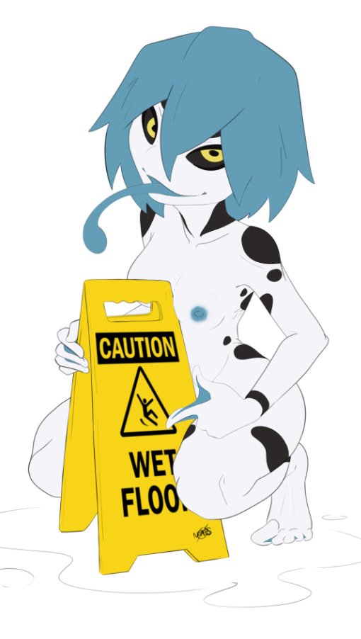 amazon_milk_frog amphibian anthro aria_whittemore blue_hair blue_mouth blue_nipples blue_tongue breasts crouching dark_eyes female frog gesture hair looking_at_viewer membrane_(anatomy) nipples novacantnames open_mouth pointing puddle short_hair sign slim small_breasts smile solo spots tongue tree_frog webbed_feet webbed_hands wet_floor_sign white_body yellow_eyes