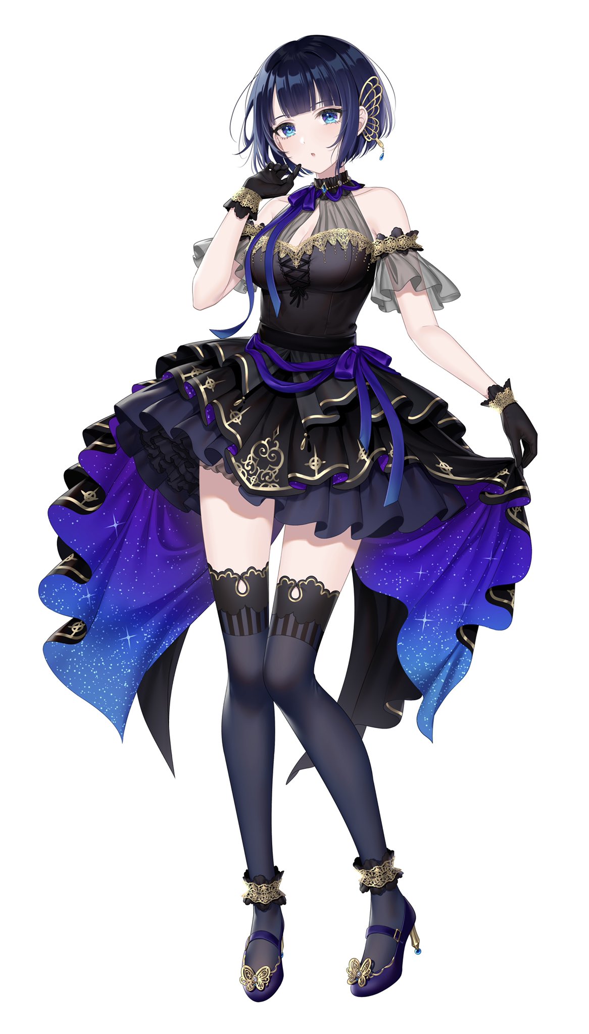 1girl :o ankle_garter arm_at_side bangs black_gloves blue_eyes breasts character_request dark_blue_hair dress frilled_dress frills gloves hair_ornament halter_dress halterneck hand_up highres indie_virtual_youtuber looking_at_viewer mairo mary_janes medium_breasts open_mouth see-through shoes short_hair simple_background solo standing thighhighs virtual_youtuber white_background
