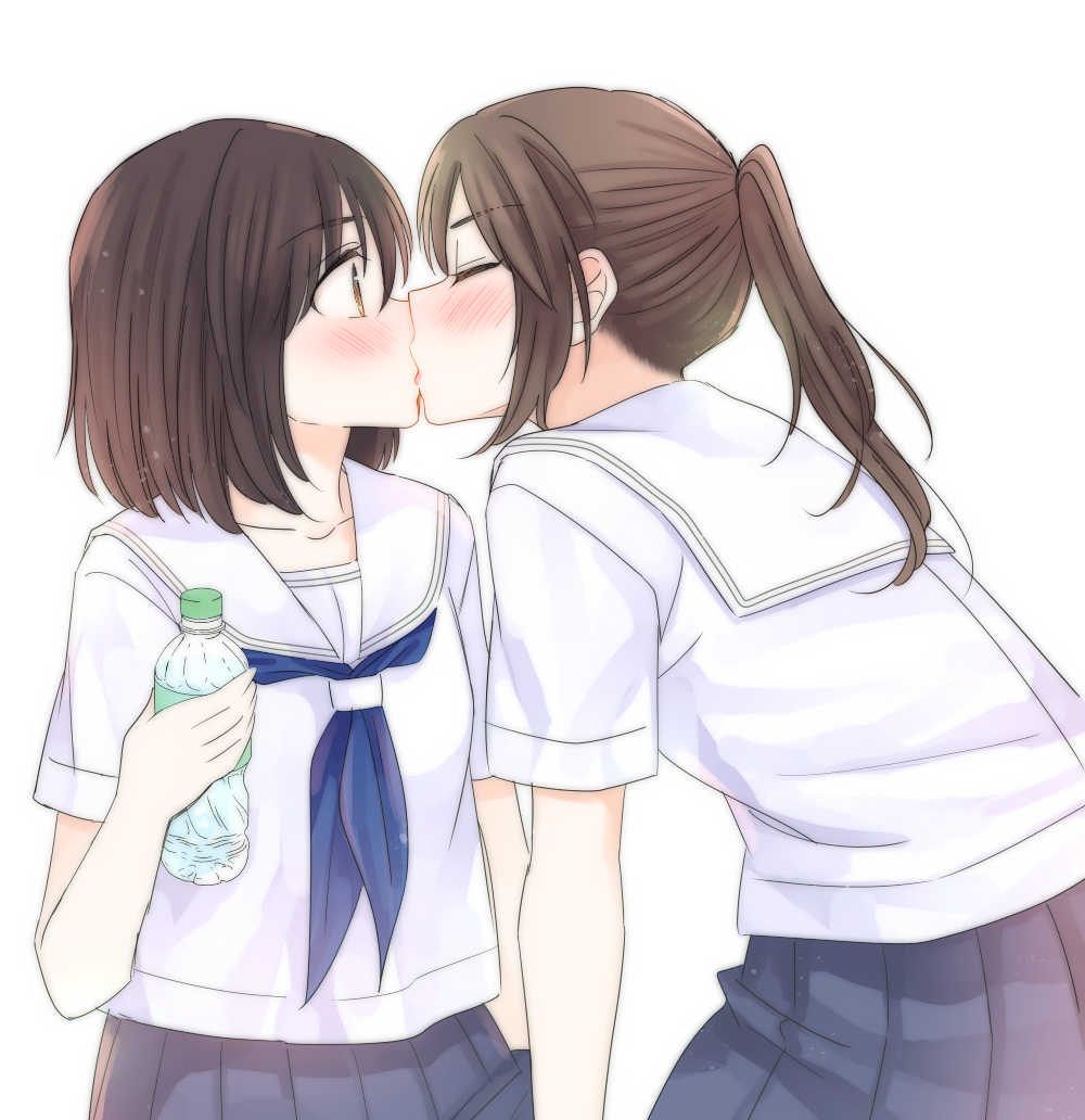 2girls blush bottle breasts brown_hair closed_eyes collarbone hachiko_(hati12) holding holding_bottle kiss multiple_girls original pleated_skirt school_uniform serafuku short_sleeves simple_background skirt yuri