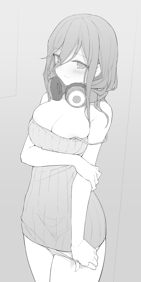 1girl areola_slip areolae arm_grab arm_under_breasts bangs bare_arms bare_shoulders blush breast_hold breasts cleavage commentary_request dress eyebrows_visible_through_hair eyes_visible_through_hair go-toubun_no_hanayome greyscale hair_between_eyes headphones headphones_around_neck highres large_breasts long_hair monochrome nakano_miku panties panty_pull parted_lips pulled_by_self ribbed_dress short_dress sleeveless sleeveless_dress solo strap_slip underwear waero