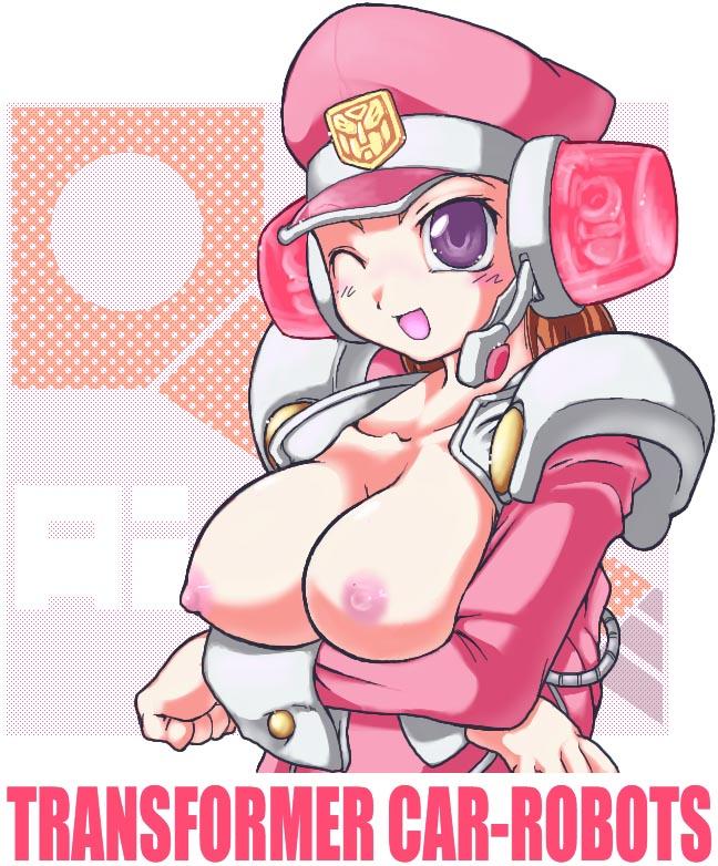 bb boob_cradling breasts brown_hair hat large_breasts purple_eyes t-ai tactical_artificial_intelligence topless transformers uniform wink winking