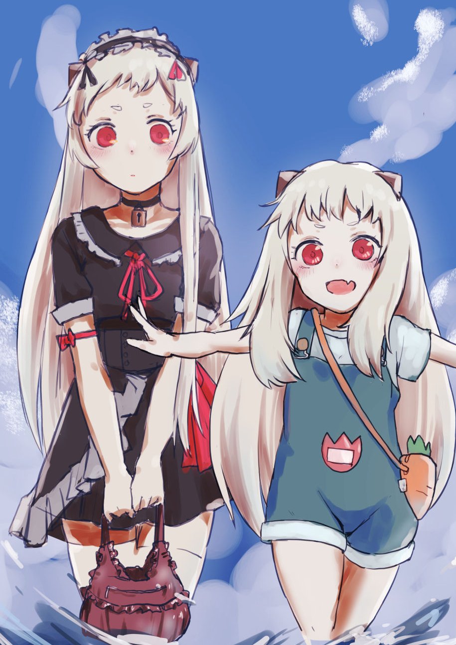 2girls abyssal_ship airfield_princess alternate_costume bag black_dress blue_sky carrot cloud colored_skin commentary_request dress frilled_dress frilled_hairband frills hairband highres kantai_collection long_hair multiple_girls northern_ocean_princess outstretched_arms overalls red_eyes sakieko shirt sky t-shirt wading water white_hair white_shirt white_skin