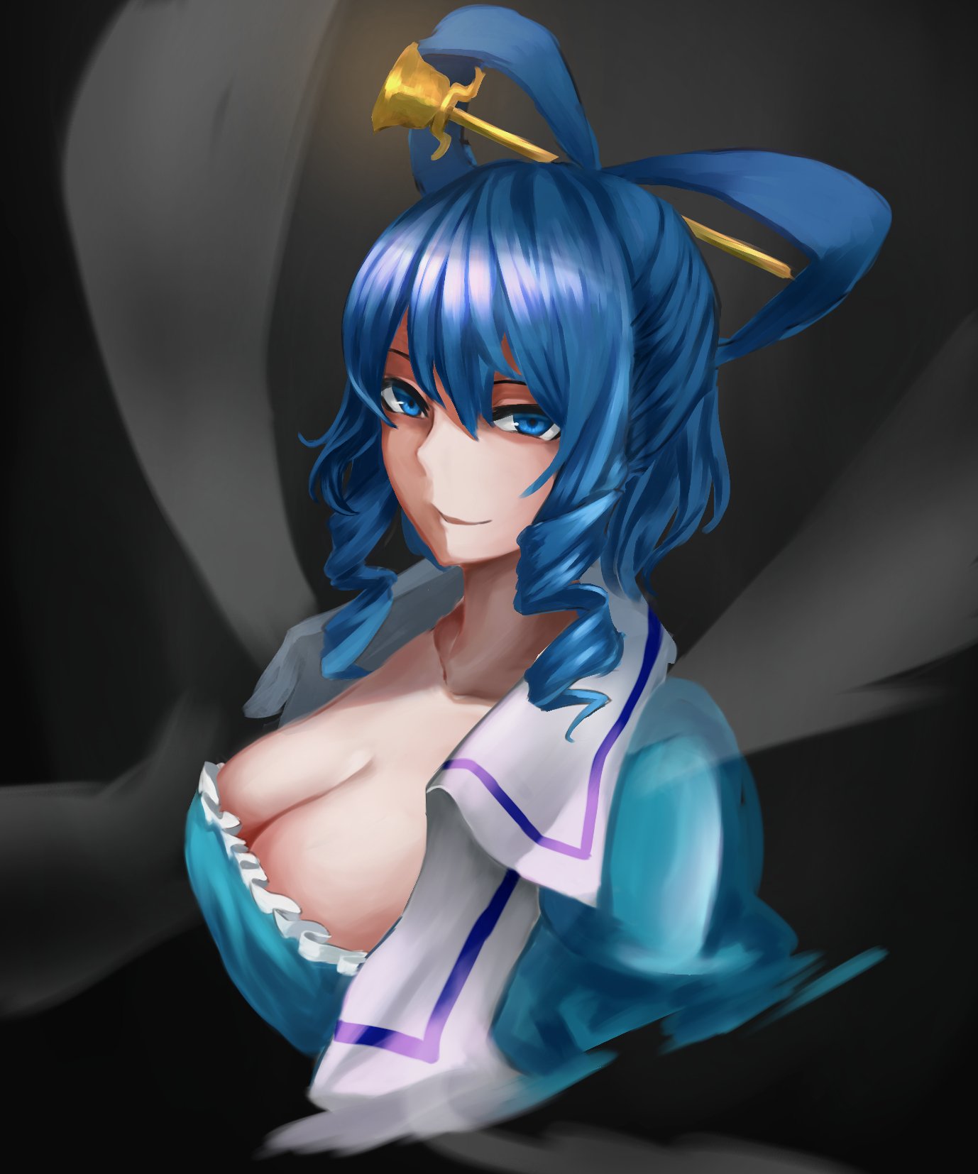 1girl amano_hagoromo black_background blue_dress blue_eyes blue_hair breasts cleavage cropped_torso dress drill_locks eyebrows_behind_hair frills hagoromo hair_between_eyes hair_ornament hair_rings hair_stick highres kaku_seiga large_breasts light_smile looking_at_viewer medium_hair open_clothes open_vest parted_lips puffy_short_sleeves puffy_sleeves shawl short_sleeves simple_background solo touhou vest white_vest