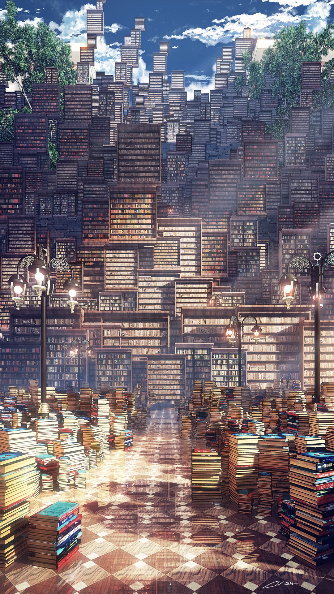 artist_name blue_sky book book_stack bookshelf cloud commentary_request day highres lamppost library light_rays no_humans original outdoors reflective_floor scenery signature sky sunlight too_many tree waisshu_(sougyokyuu)