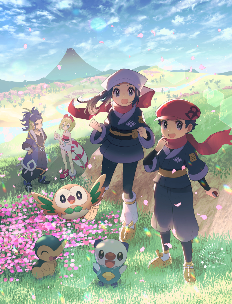 2boys 2girls adaman_(pokemon) akari_(pokemon) artist_name blonde_hair blue_hair blue_kimono blue_pants blue_sky cabbie_hat cloud cocoloco commentary_request cyndaquil dated day falling_petals floating_hair flower full_body grass grey_eyes hand_up hands_up hat head_scarf irida_(pokemon) japanese_clothes kimono long_hair looking_at_viewer mountain multiple_boys multiple_girls nature non-circular_lens_flare obi open_mouth oshawott pants petals pink_flower pokemon pokemon_(creature) pokemon_(game) pokemon_legends:_arceus ponytail red_headwear red_scarf rei_(pokemon) rowlet sash scarf scenery shoes short_hair sky smile starter_pokemon_trio sunlight twitter_username