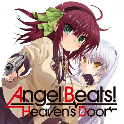 2girls ahoge alternate_costume angel angel_beats! artist_request bangs black_hairband black_legwear blunt_bangs blush bow closed_mouth collared_shirt copyright_name cowboy_shot eyebrows_visible_through_hair from_side green_bow green_eyes gun hair_bow hairband hand_on_own_face handgun head_tilt holding holding_gun holding_weapon long_hair looking_at_viewer lowres multiple_girls pleated_skirt purple_hair red_background shiny shiny_hair shirt skirt standing tenshi_(angel_beats!) thighhighs tongue tongue_out two-tone_background weapon white_background wrist_cuffs yellow_eyes yuri_(angel_beats!)