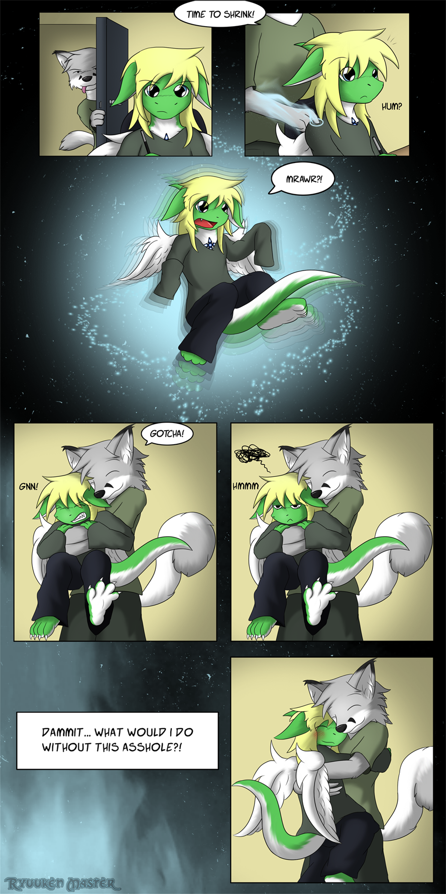 annoyed anthro arms_around_torso barefoot big_dom_small_sub black_body black_fur blonde_hair blue_eyes blush canid canine claws clothed clothing comic dialogue dominant dragon duo embrace eyes_closed feathered_wings feathers feet female floating fox fur fur_markings furred_dragon giru_(artist) green_body green_fur grey_body grey_fur grumpy hair happy hi_res hug juanvi looking_at_another magic magic_user male male/female mammal markings multicolored_body multicolored_fur one_page_comic open_door peeping pencil_(object) profanity shocked shrinking size_difference size_transformation smaller_female smug smug_face space speech_bubble tongue tongue_out transformation two_tone_body two_tone_fur white_body white_fur wings yuri_(giru)