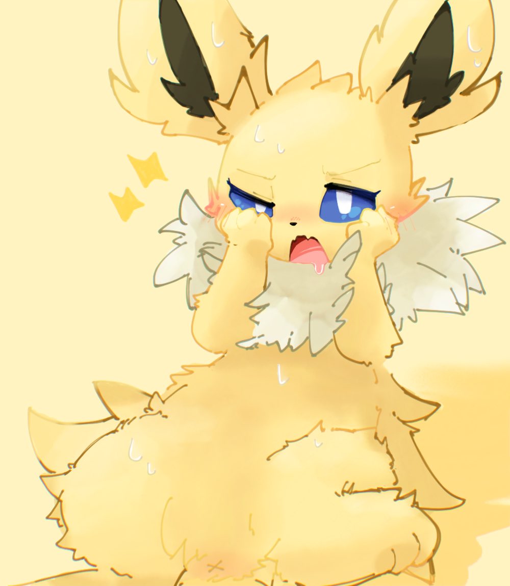 ambiguous_gender anus blue_eyes blush bodily_fluids colored drooling eeveelution embarrassed feral fluffy fur jolteon lighting_bolt long_ears lying netchy_boo nintendo on_back open_mouth paws pok&eacute;mon pok&eacute;mon_(species) saliva simple_background solo sweat video_games yellow_body yellow_fur