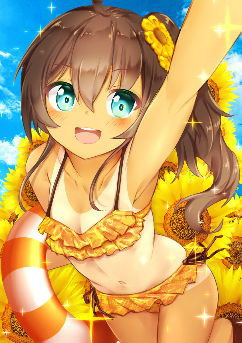 1girl ahoge aqua_eyes arm_behind_back blue_sky brown_hair cloud collarbone cowboy_shot dark_skin eyebrows_visible_through_hair flat_chest flower hair_between_eyes highres hololive innertube makumaxu natsuiro_matsuri navel open_mouth outdoors outstretched_arm side_ponytail sky solo sparkle sunflower swimsuit tan tanlines teeth upper_teeth virtual_youtuber