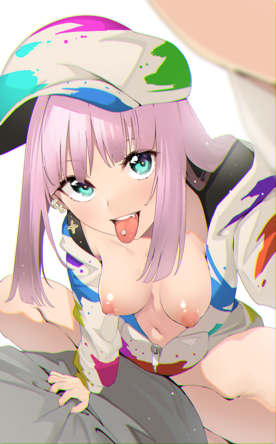 1boy 1girl aqua_eyes bangs blunt_bangs blush breasts center_opening cowgirl_position ear_piercing earrings eyebrows_visible_through_hair furukawa_itsuse girl_on_top hat hetero highres implied_sex jacket jewelry long_hair long_sleeves looking_at_viewer navel nipples no_bra open_clothes open_jacket open_mouth original piercing pink_hair pov smile solo_focus spread_legs straddling tongue tongue_out tongue_piercing unzipped