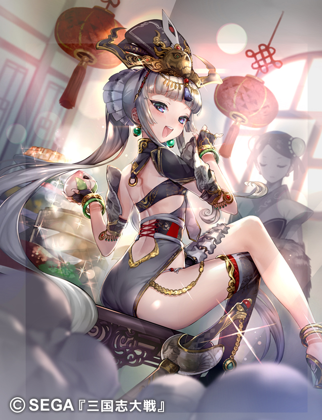 2girls asymmetrical_legwear blue_eyes company_name copyright copyright_name crossed_legs earrings food fruit hands_up hitowa holding holding_food holding_fruit jewelry long_hair looking_at_viewer looking_back mismatched_legwear multiple_girls official_art on_chair open_mouth sengoku_taisen silver_hair sitting smile solo_focus thighhighs