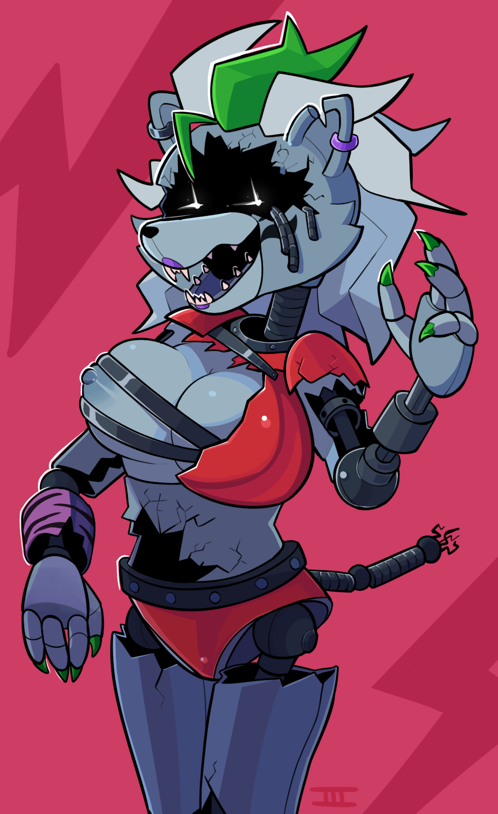 animatronic anthro big_breasts breast_squish breasts broken canid canine canis clothing duckoiii ear_piercing exposed_endoskeleton female five_nights_at_freddy's five_nights_at_freddy's:_security_breach hi_res machine mammal piercing robot roxanne_wolf_(fnaf) scottgames sharp_teeth solo squish teeth torn_clothing video_games wolf
