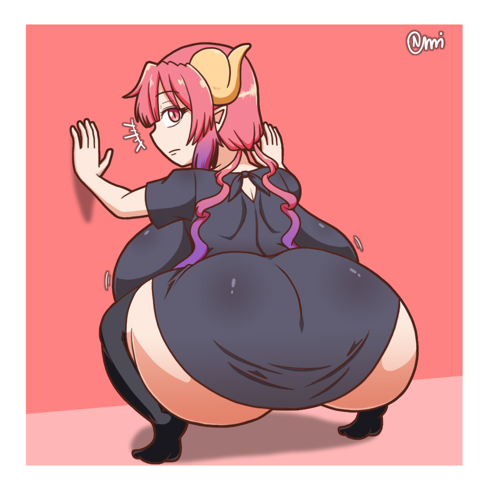 against_surface against_wall big_breasts big_butt breasts butt female horn horned_humanoid huge_breasts huge_butt humanoid ilulu looking_at_viewer looking_back looking_back_at_viewer miss_kobayashi's_dragon_maid normi solo