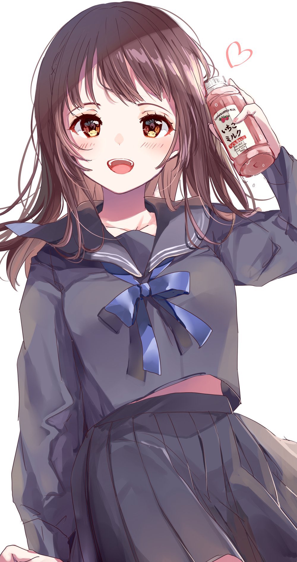 1girl bangs blush brown_eyes brown_hair clothes_lift collarbone highres long_hair long_sleeves looking_at_viewer open_mouth original puracotte school_uniform skirt skirt_lift smile strawberry_milk white_background