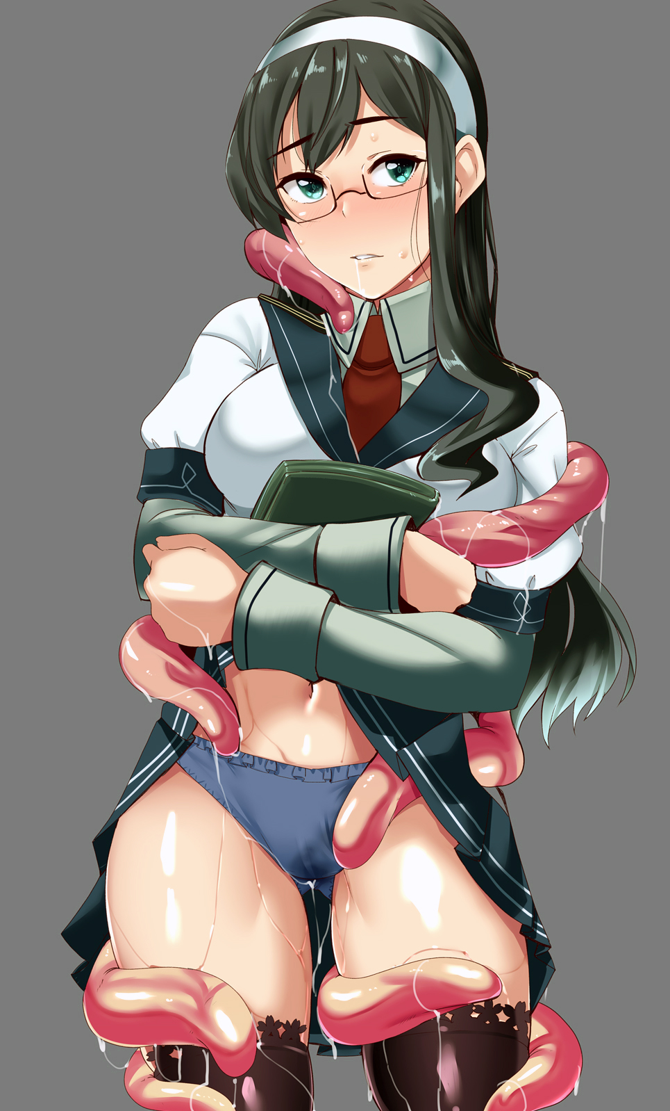 1girl aqua_eyes black_hair blue_panties blue_skirt breasts chirashi_(so) clothes_lift cowboy_shot glasses grey_background hairband highres hip_vent kantai_collection lifted_by_another medium_breasts miniskirt navel ooyodo_(kancolle) panties pleated_skirt school_uniform semi-rimless_eyewear serafuku simple_background skirt skirt_lift standing tentacles thighhighs under-rim_eyewear underwear white_hairband