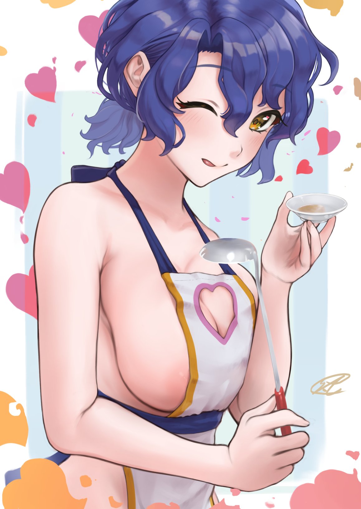 1girl apron blue_hair breasts brown_eyes c_(theta) cleavage cleavage_cutout clothing_cutout heart heart_cutout highres holding holding_ladle idolmaster idolmaster_million_live! ladle large_breasts licking_lips naked_apron one_eye_closed short_hair sideboob solo tasting_plate tongue tongue_out toyokawa_fuuka upper_body