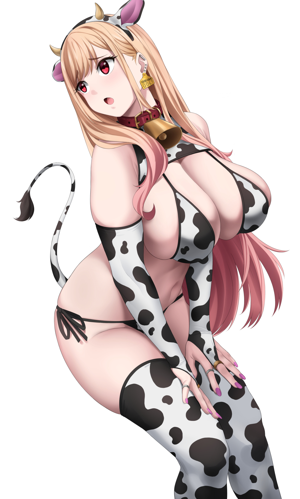 1girl animal_print bell blonde_hair breasts bridal_gauntlets collar cow_girl cow_print cow_tail ear_tag elbow_gloves embarrassed gloves hands_on_own_knees highres huge_breasts kitagawa_marin leaning_forward nail_polish neck_bell open_mouth panties piercing red_eyes side-tie_panties simple_background sockinajar sono_bisque_doll_wa_koi_wo_suru tail underwear white_background