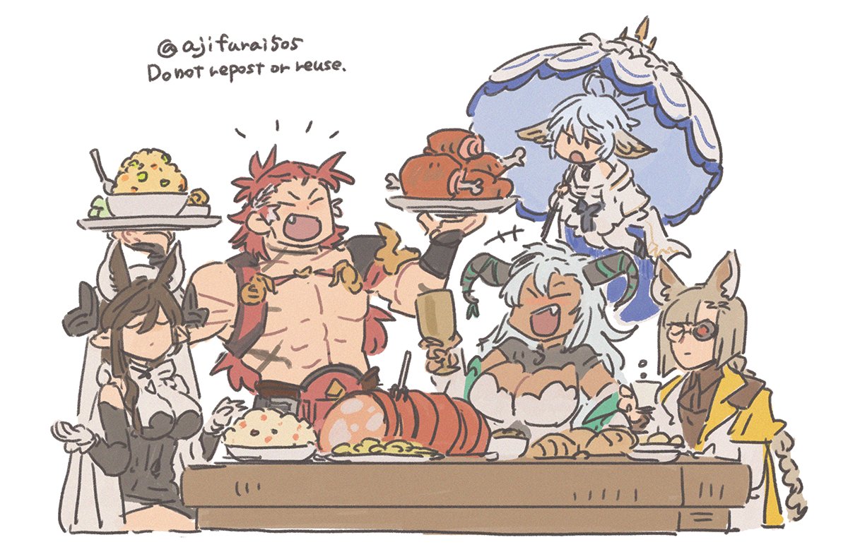 +++ 2boys 3girls :d :o animal_ears asaya_minoru bare_shoulders black_hair blue_hair boned_meat braid breasts brown_hair cleavage closed_eyes closed_mouth cup dark-skinned_female dark_skin drinking_glass fang fediel_(granblue_fantasy) food fork galleon_(granblue_fantasy) glasses granblue_fantasy hair_between_eyes hands_up holding holding_cup holding_tray holding_umbrella horns large_breasts long_hair lu_woh_(granblue_fantasy) meat multiple_boys multiple_girls pectorals red_hair simple_background single_braid smile tray twitter_username umbrella very_long_hair wamdus_(granblue_fantasy) white_background white_umbrella wilnas_(granblue_fantasy) wine_glass