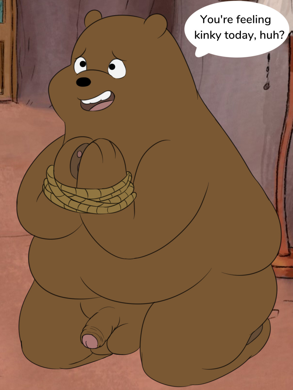 2022 anthro balls black_nose bound brown_bear brown_body cartoon_network english_text genitals grizzly_(wbb) grizzly_bear hi_res humanoid_genitalia humanoid_penis male mammal overweight overweight_male penis rope solo text thevillager ursid ursine we_bare_bears