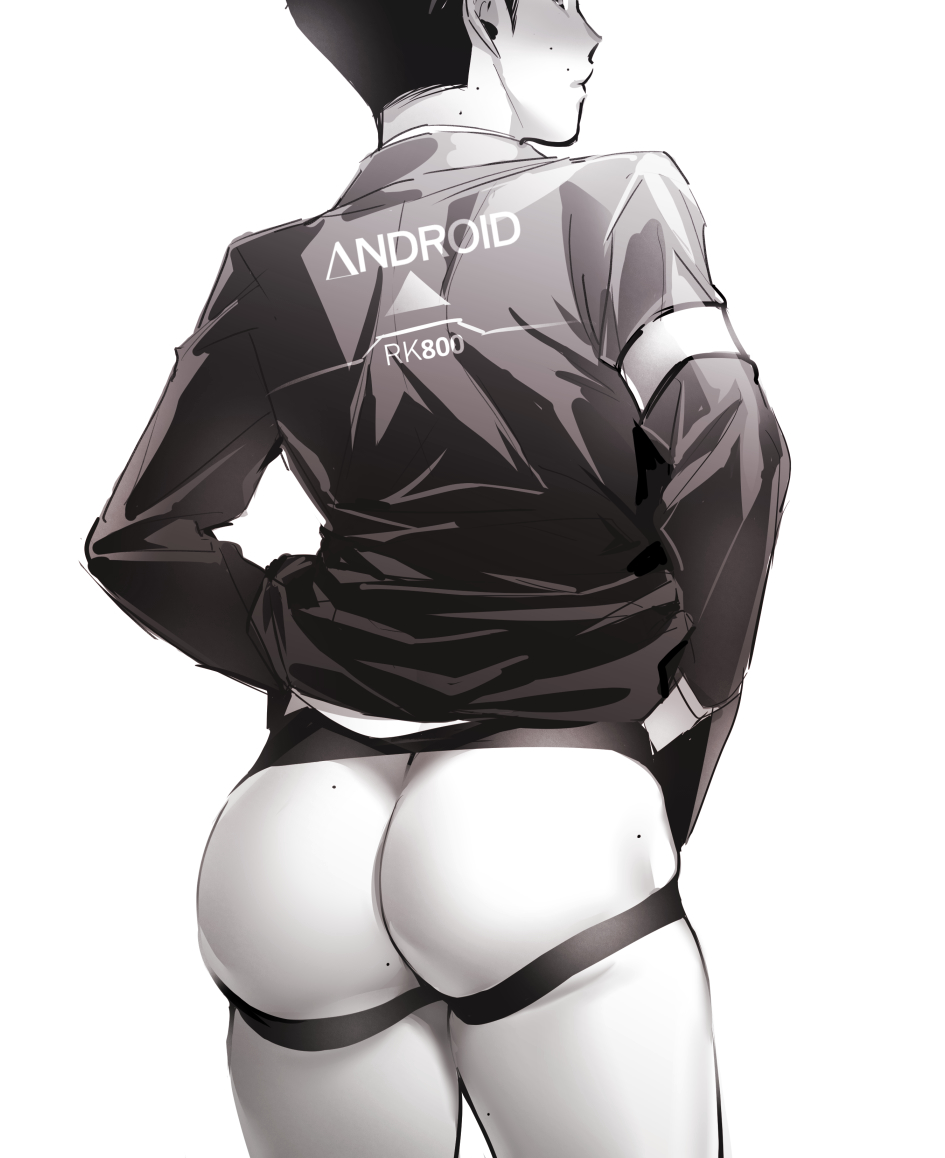 1boy android ass ass_focus back bottomless closed_mouth connor_(detroit) detroit:_become_human greyscale jacket jockstrap looking_back male_focus male_underwear mole mole_under_eye monochrome naked_jacket nude oekakixx shadow short_hair solo thick_thighs thighs underwear