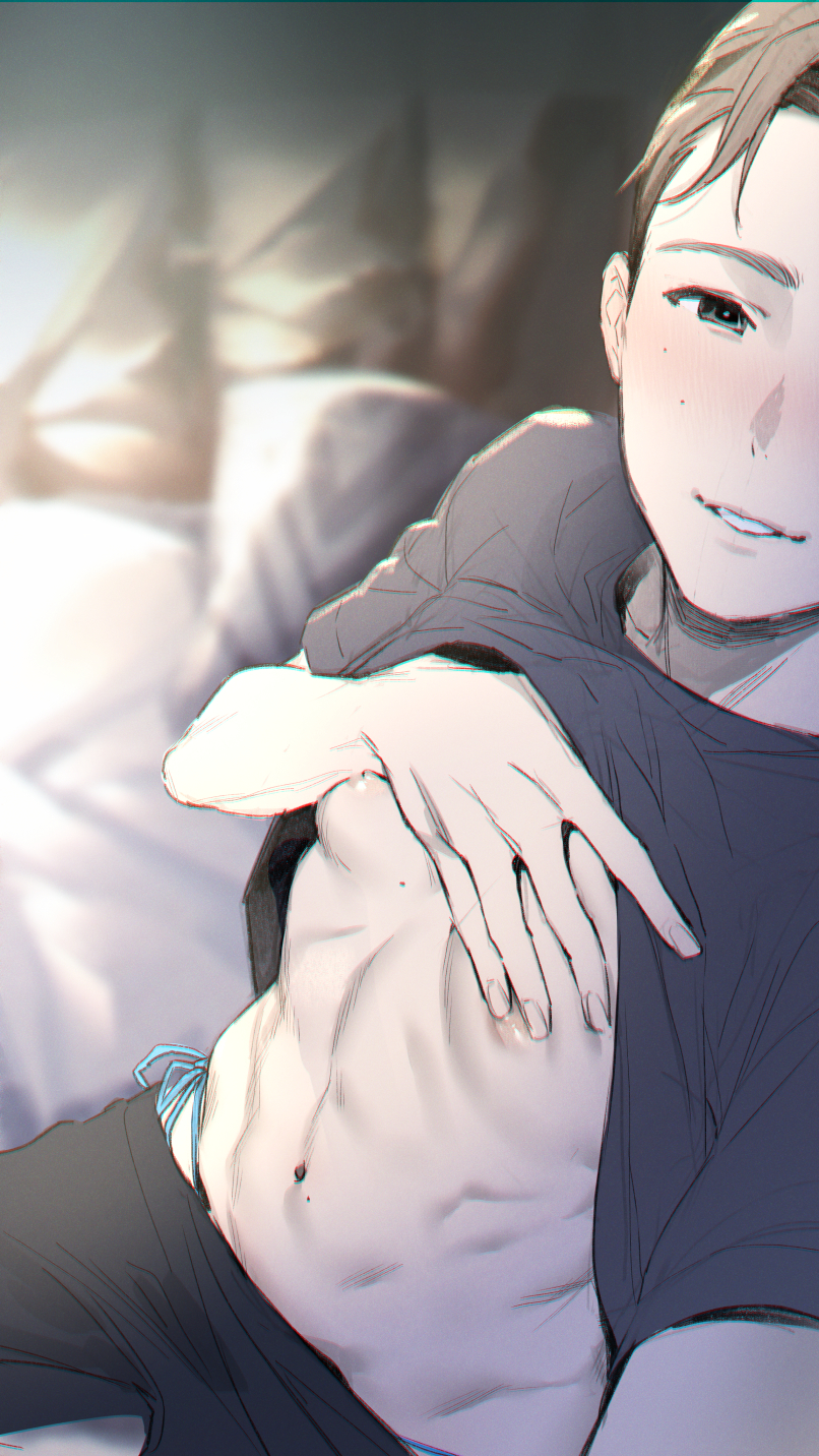 1boy abs bare_pectorals bed black_pants black_shirt blurry blurry_background blush brown_hair clothes_lift connor_(detroit) detroit:_become_human highres lifted_by_self looking_at_viewer male_focus male_underwear male_underwear_peek mole mole_under_eye navel nipples oekakixx on_bed pants pectorals pillow shirt shirt_lift short_hair sitting smile toned toned_male underwear