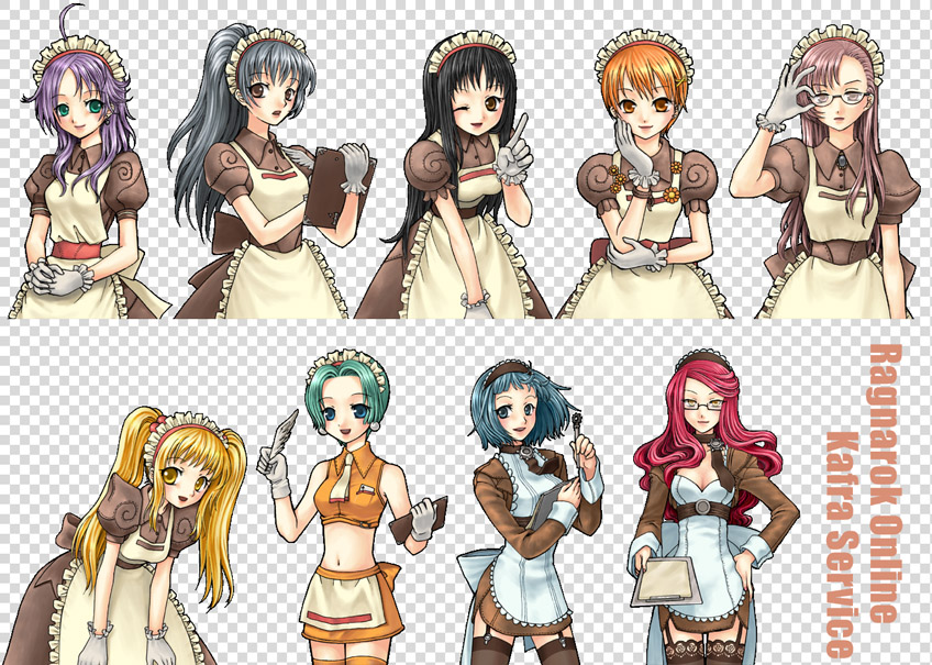 6+girls adjusting_eyewear ahoge alty_(ragnarok_online) apron bangs black-framed_eyewear black_hair black_legwear blonde_hair blossom_(ragnarok_online) blue_eyes blue_hair breasts brown_dress brown_eyes brown_hair cleavage clipboard closed_mouth commentary_request copyright_name cowboy_shot crop_top curly_sue derivative_work dress eyebrows_visible_through_hair fake_transparency frilled_apron frills garter_straps glasses gloves green_eyes grey_hair hair_over_shoulder hand_on_own_cheek hand_on_own_face holding holding_clipboard jasmine_(ragnarok_online) kafra_uniform leaning_forward leilah_(ragnarok_online) long_hair looking_at_viewer lyrus_(ragnarok_online) maid maid_headdress medium_breasts midriff miniskirt multiple_girls navel necktie one_eye_closed open_mouth orange_eyes orange_hair orange_legwear orange_shirt orange_skirt own_hands_together pavianne_(ragnarok_online) pink_eyes pink_hair ponytail puffy_short_sleeves puffy_sleeves purple_hair ragnarok_online red_hair roxie_(ragnarok_online) sampaguita_(ragnarok_online) semi-rimless_eyewear shirt short_dress short_hair short_sleeves skirt smile thighhighs tsuki_miso under-rim_eyewear white_apron white_gloves white_necktie yellow_eyes