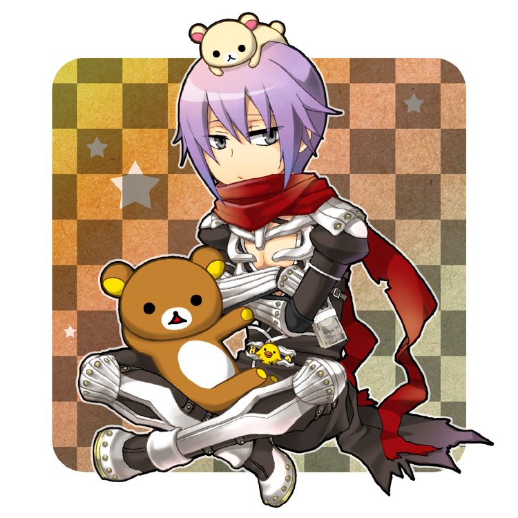 1boy armor armored_boots assassin_cross_(ragnarok_online) bangs bird black_cape black_pants black_shirt boots border brown_background cape checkered_background chick closed_mouth commentary_request crossed_arms doll_on_head expressionless full_body grey_eyes hair_between_eyes indian_style looking_at_viewer male_focus open_clothes open_shirt outside_border pants pauldrons purple_hair ragnarok_online red_scarf scarf shirt short_hair shoulder_armor sitting solo star_(symbol) stuffed_animal stuffed_toy teddy_bear torn_cape torn_clothes torn_scarf tsuki_miso vambraces waist_cape white_border