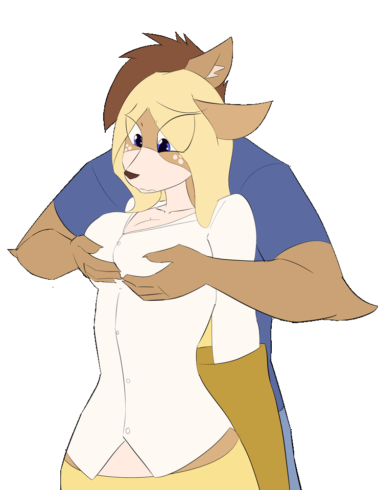 2022 2d_animation 4_fingers alpha_channel animated anthro anthro_on_anthro big_breasts black_pupils blonde_hair blue_bottomwear blue_clothing blue_eyes blue_pants blue_shirt blue_topwear blush bottomwear bouncing_breasts breast_grab breast_rub breasts brown_body brown_claws brown_fur brown_hair canid canine canis cervid claws cleavage clothed clothing duo female finger_claws fingers freckles front_view fur grope groping_from_behind hair hand_on_breast interspecies jake_hart kanashiipanda loop male male/female mammal mia_woods orange_body orange_fur pants pupils shirt short_playtime simple_background skirt standing tan_body tan_fur topwear transparent_background white_clothing white_shirt white_topwear wolf yellow_bottomwear yellow_clothing yellow_skirt