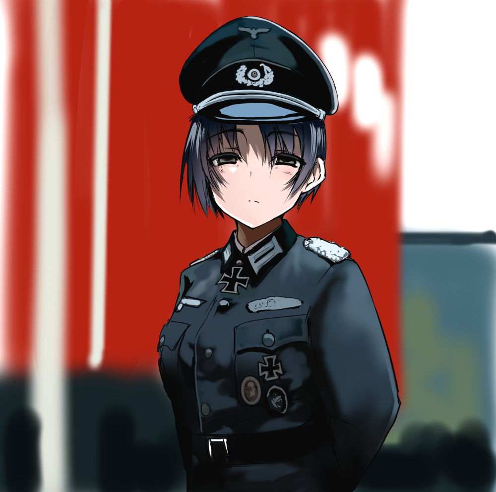 1girl arms_behind_back badge banner belt black_eyes black_hair blurry blurry_background cross epaulettes hat iron_cross looking_at_viewer medal military military_hat military_uniform nazi original peaked_cap samazuka_mashiro short_hair solo ss_insignia uniform wehrmacht