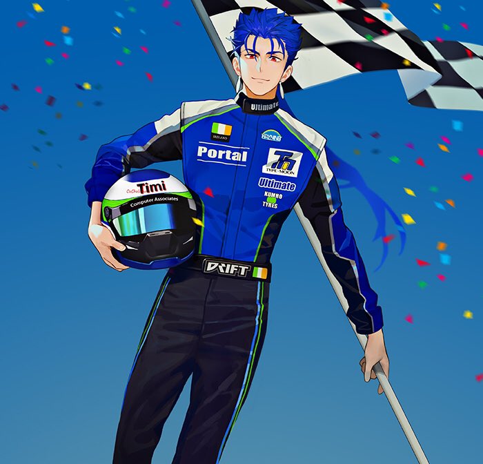 1boy blue_hair checkered_flag closed_mouth confetti contemporary cu_chulainn_(fate) cu_chulainn_(fate/stay_night) earrings fate/stay_night fate_(series) flag floating_hair gae_bolg_(fate) headwear_removed helmet helmet_removed holding holding_flag holding_helmet irish_flag jewelry long_hair looking_at_viewer male_focus ponytail racing_suit red_eyes smile solo spiked_hair yin2000