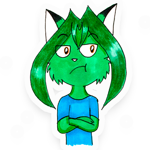 azimoert canid canine cat_smile clothing fox green_body green_hair hair looking_away mammal orange_eyes pink_nose shirt skeptical sticker t-shirt topwear unimpressed