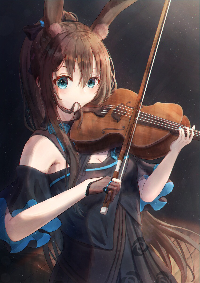 10ml 1girl amiya_(arknights) animal_ears arknights bangs black_dress breasts brown_hair cleavage commentary_request dress eyebrows_visible_through_hair gloves green_eyes hair_between_eyes hair_in_mouth highres holding holding_instrument instrument long_hair looking_at_viewer partially_fingerless_gloves ponytail rabbit_ears rabbit_girl sidelocks single_glove small_breasts solo very_long_hair violin