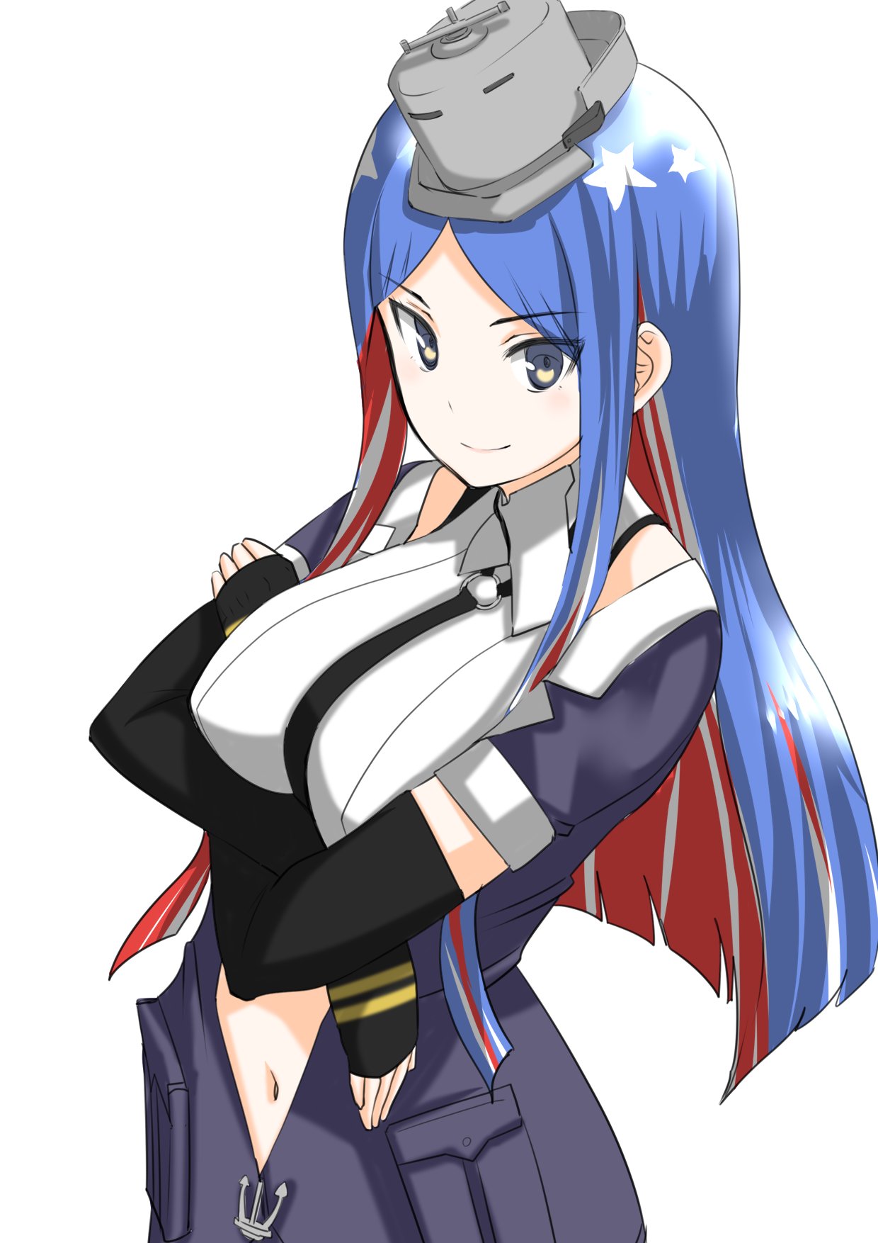 1girl 30-06 black_gloves black_necktie black_neckwear blue_hair breasts crop_top crossed_arms dress_shirt elbow_gloves gloves grey_eyes grey_jacket headgear highres jacket kantai_collection large_breasts long_hair multicolored_hair navel necktie open_clothes open_jacket red_hair shirt short_sleeves simple_background sleeveless solo south_dakota_(kancolle) star_(symbol) upper_body white_background white_hair white_shirt