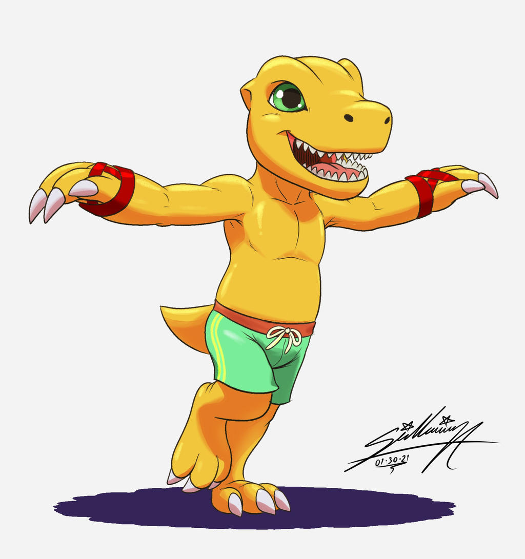 agumon bandai_namco bottomwear clothing digimon digimon_(species) male sagadreams shorts solo swimming swimming_trunks swimwear